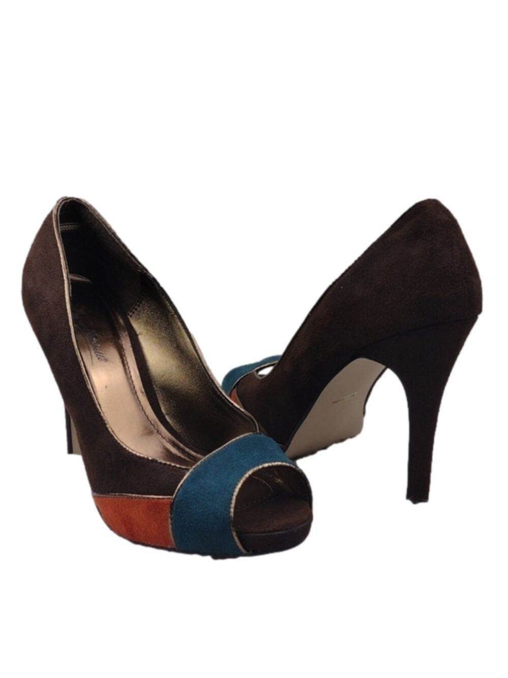 Anne Michelle Flare Brown Multicolored Faux Suede Almond Peep Toe Stiletto Heel